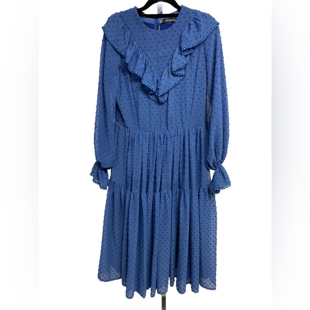 Eleganza blue long sleeved ruffled prairie dress fully lined NEW
